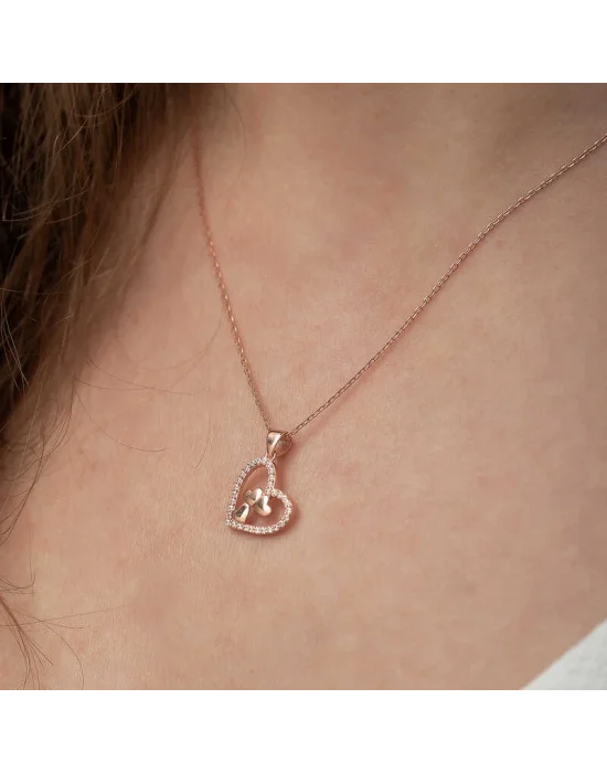 Gümüş Rose Kalbin İçinde Üç Kalp Kolye
