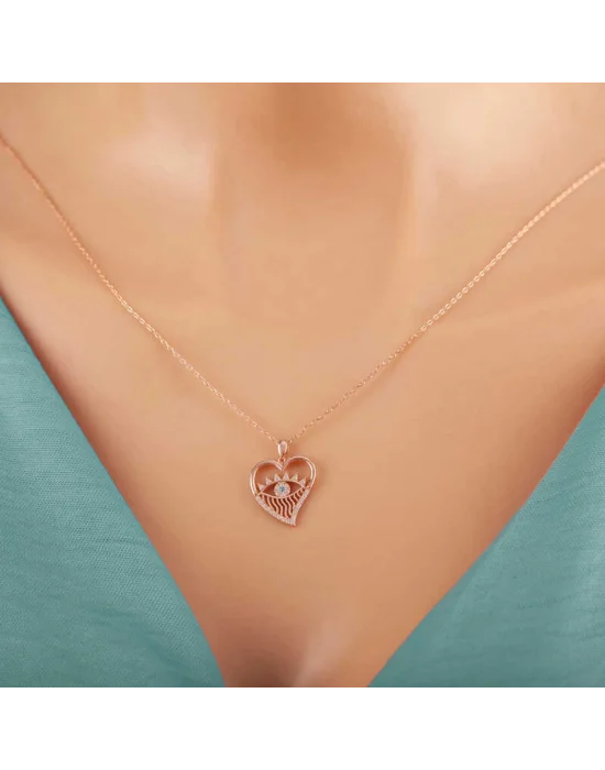 Gümüş Rose Kalp Göz Kadın Kolye