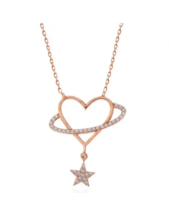 Gümüş Rose Kalp Yıldız Kadın Kolye