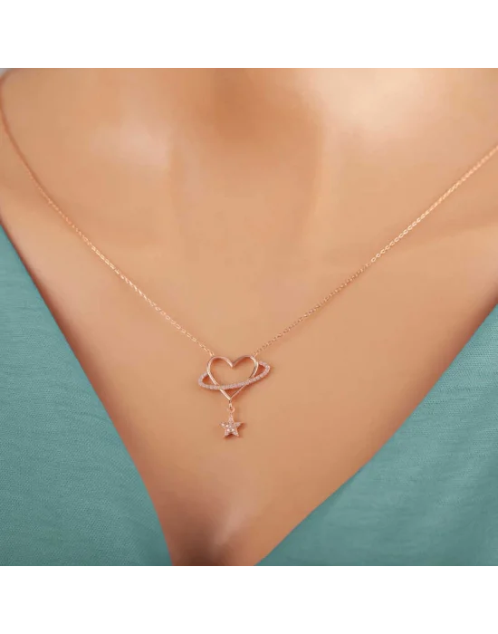 Gümüş Rose Kalp Yıldız Kadın Kolye