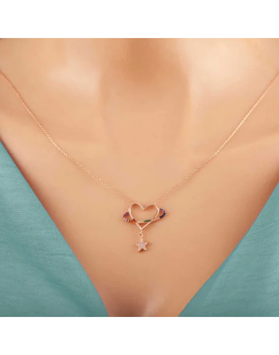 Gümüş Rose Kalp Yıldız Kadın Kolye