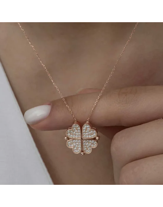 Gümüş Rose Kalpli Açılabilen Yonca Kadın Kolye