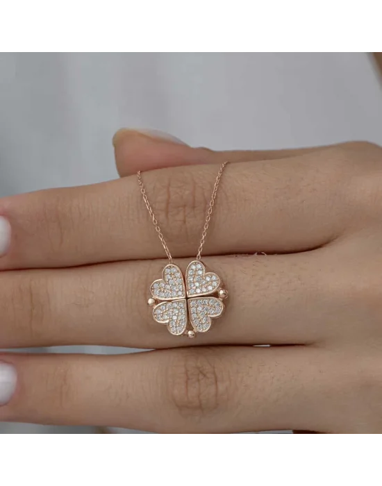 Gümüş Rose Kalpli Açılabilen Yonca Kadın Kolye