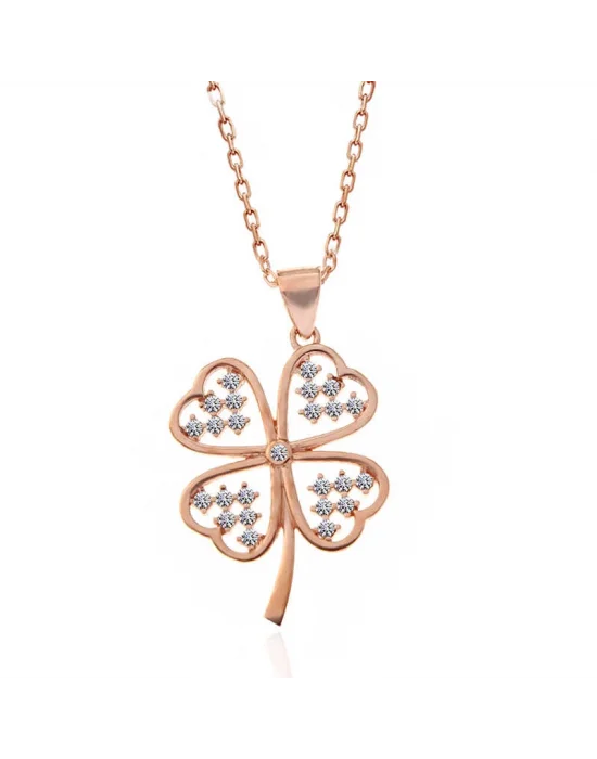 Gümüş Rose Kalpli Dört Yapraklı Yonca Kadın Kolye