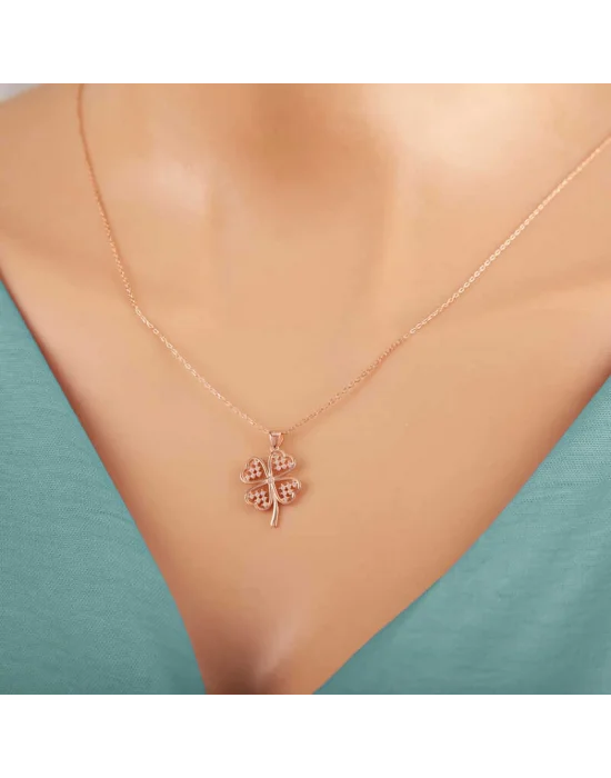 Gümüş Rose Kalpli Dört Yapraklı Yonca Kadın Kolye