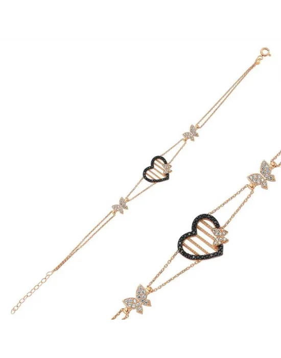 Gümüş Rose Kalpli Kelebek Bayan Bileklik