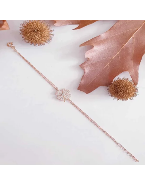 Gümüş Rose Kalpli Yonca Kadın Bileklik