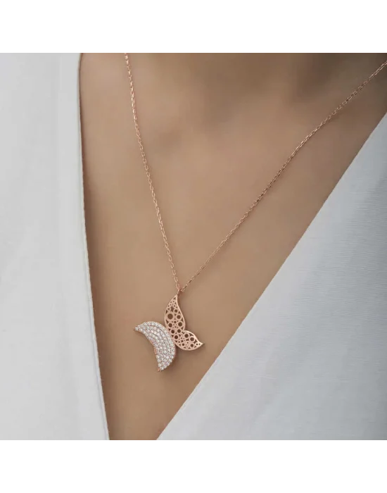 Gümüş Rose Kelebek Kadın Kolye