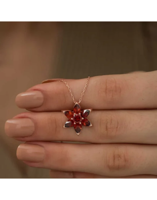 Gümüş Rose Kırmızı Çiçek Kolye