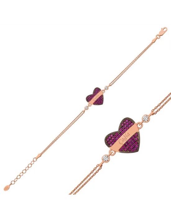 Gümüş Rose Kırmızı Kalp İsimli Bayan Bileklik