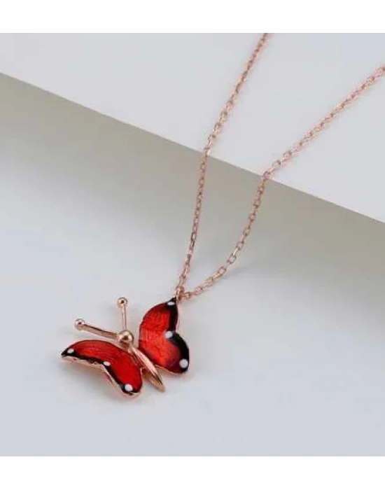 Gümüş Rose Kırmızı Kelebek Kolye