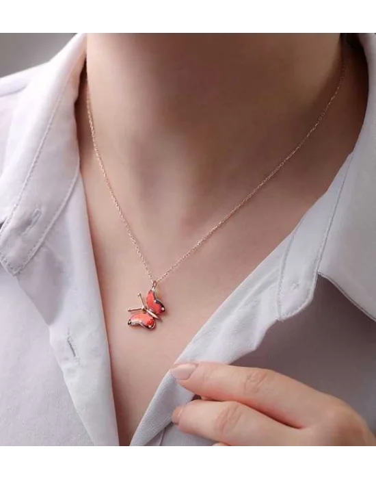 Gümüş Rose Kırmızı Kelebek Kolye
