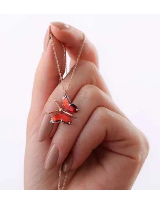 Gümüş Rose Kırmızı Kelebek Kolye