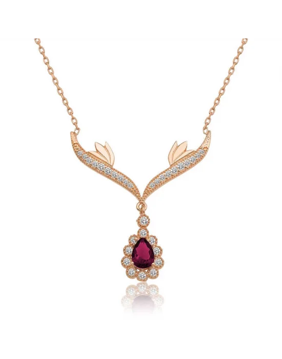 Gümüş Rose Kırmızı Taşlı Madalyon Bayan Kolye