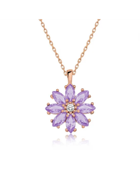 Gümüş Rose Lila Çiçek Kolye
