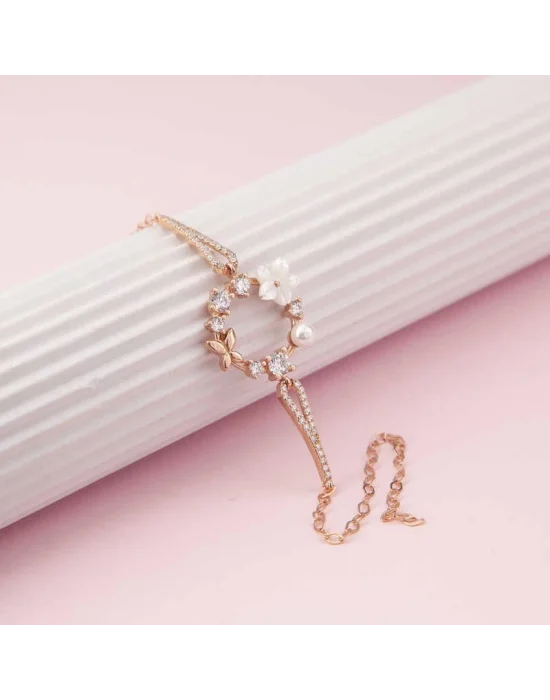 Gümüş Rose Manolya Çiçeği Kelebek Kadın Bileklik