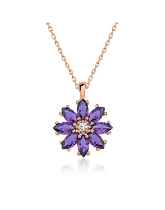 Gümüş Rose Mor Çiçek Kolye