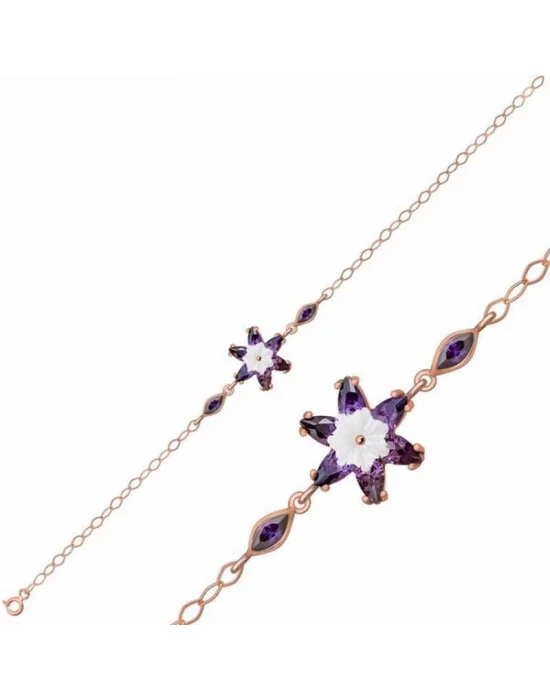 Gümüş Rose Mor Lotus Çiçeği Bileklik