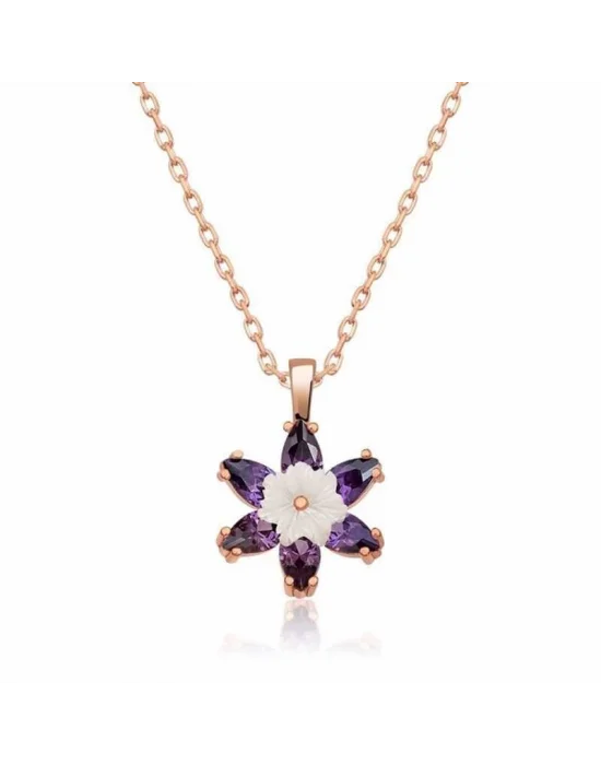 Gümüş Rose Mor Lotus Çiçeği Kolye