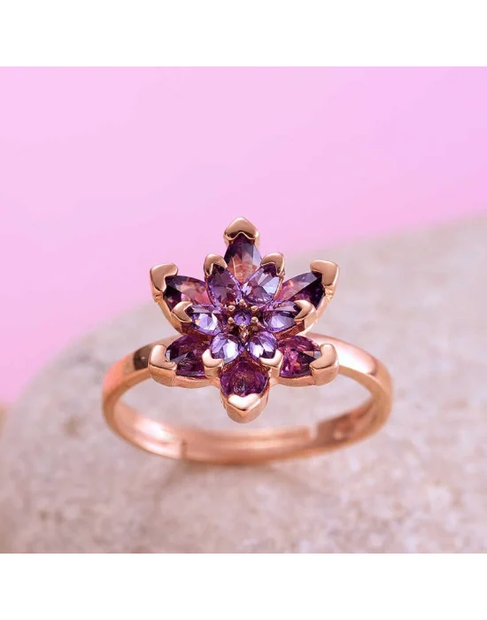 Gümüş Rose Mor Lotus Çiçeği Yüzük