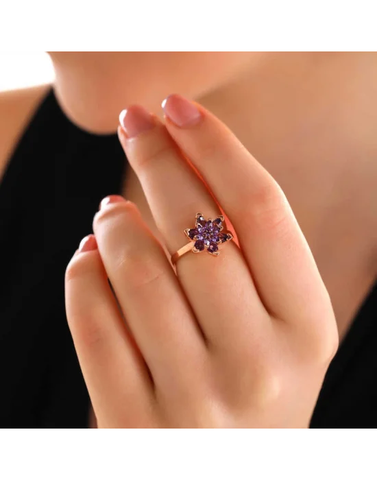 Gümüş Rose Mor Lotus Çiçeği Yüzük