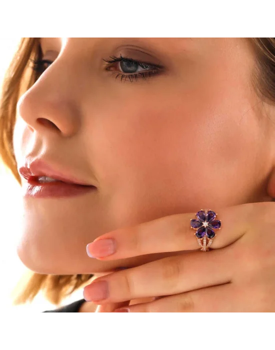 Gümüş Rose Mor Sevgi Çiçeği Kadın Yüzük