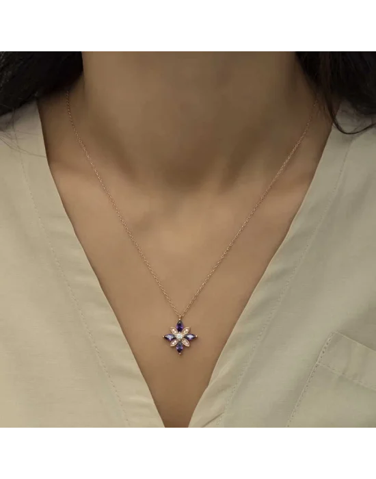 Gümüş Rose Mor Taşlı Umut Çiçeği Kolye