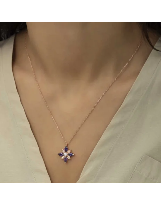 Gümüş Rose Mor Taşlı Umut Çiçeği Kolye