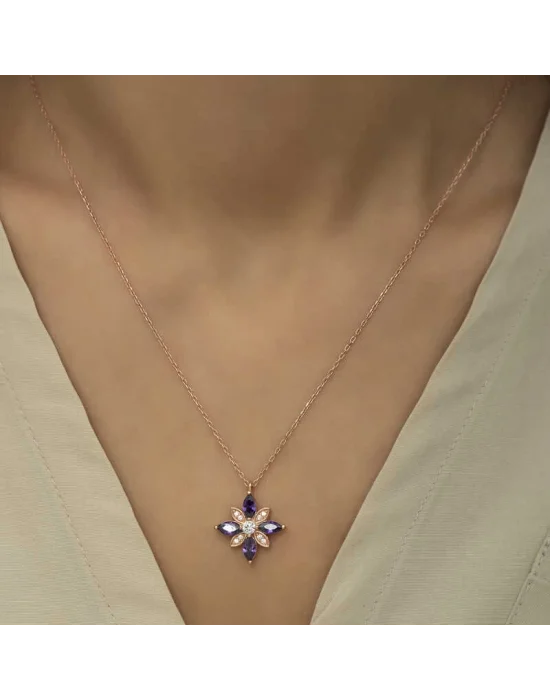 Gümüş Rose Mor Taşlı Umut Çiçeği Kolye