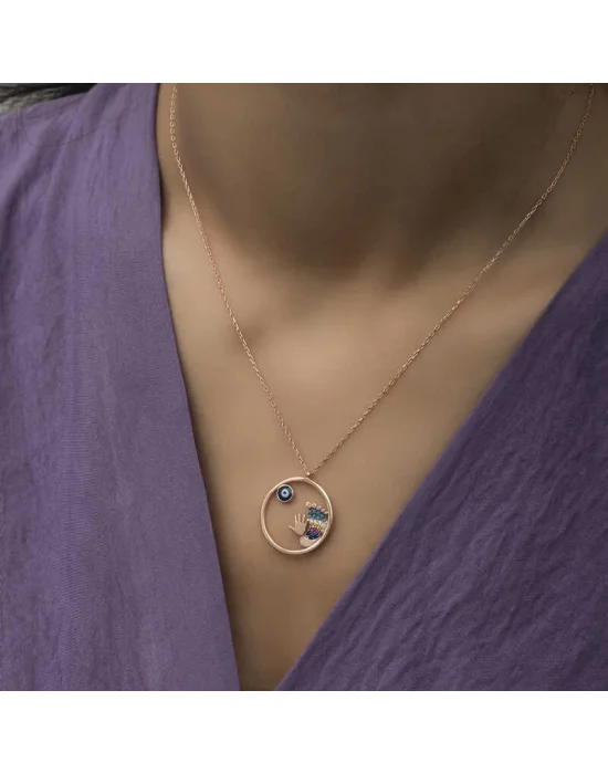 Gümüş Rose Nazarlı El ve Ayak İzi Bayan Kolye