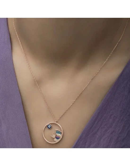 Gümüş Rose Nazarlı El ve Ayak İzi Bayan Kolye