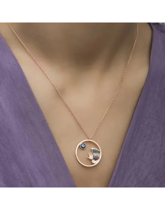 Gümüş Rose Nazarlı El ve Ayak İzi Bayan Kolye