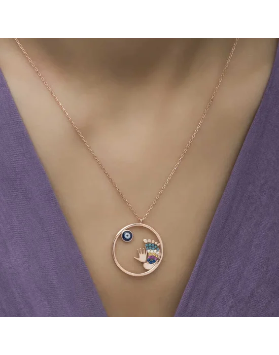 Gümüş Rose Nazarlı El ve Ayak İzi Bayan Kolye