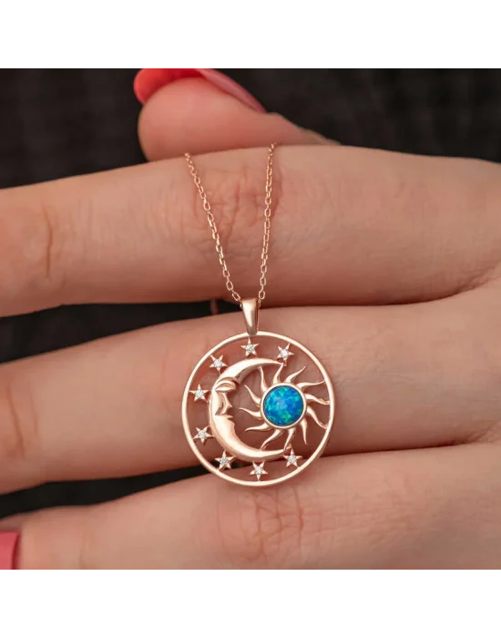 Gümüş Rose Opal Mavi Taşlı Ay Güneş Kadın Kolye