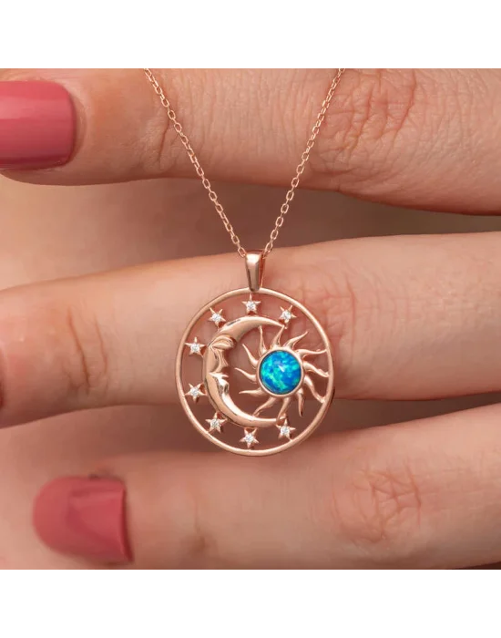 Gümüş Rose Opal Mavi Taşlı Ay Güneş Kadın Kolye