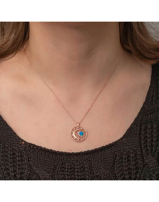 Gümüş Rose Opal Mavi Taşlı Ay Güneş Kadın Kolye