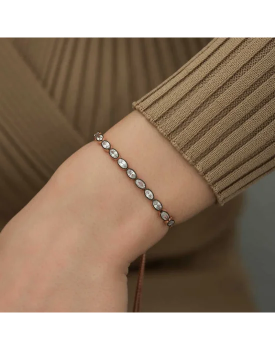 Gümüş Rose Oval Kesim Elmas Montür Asansör Bileklik