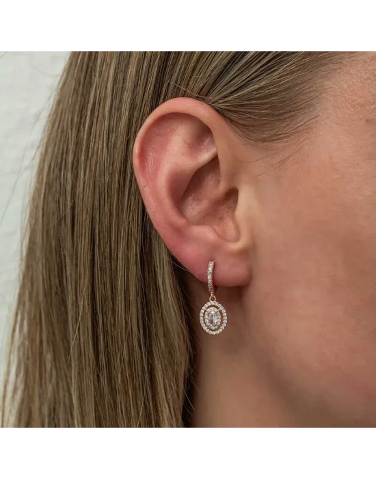 Gümüş Rose Oval Taşlı Sallantılı Küpe