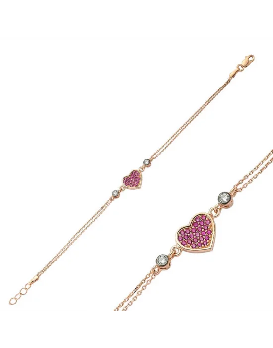 Gümüş Rose Pembe Kalpli Bayan Bileklik