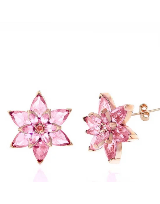 Gümüş Rose Pembe Lotus Çiçeği Çivili Kadın Küpe