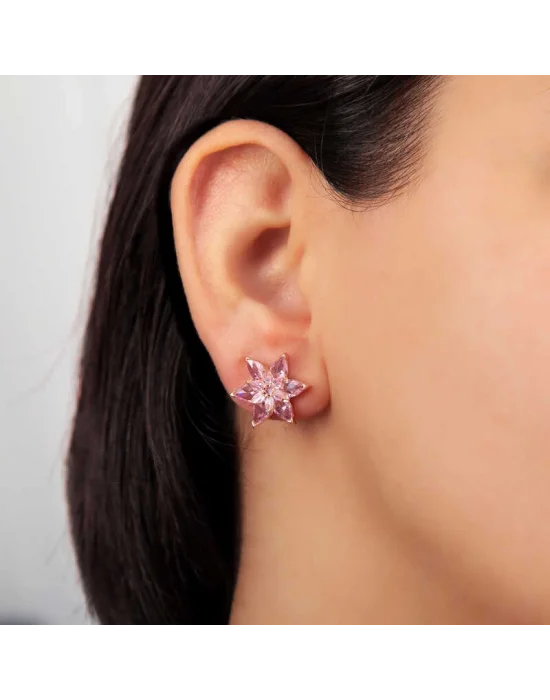 Gümüş Rose Pembe Lotus Çiçeği Çivili Kadın Küpe