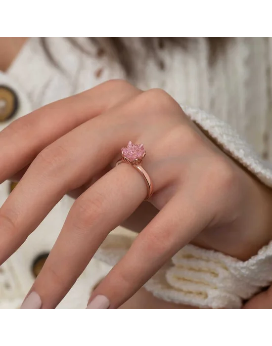 Gümüş Rose Pembe Lotus Çiçeği Yüzük