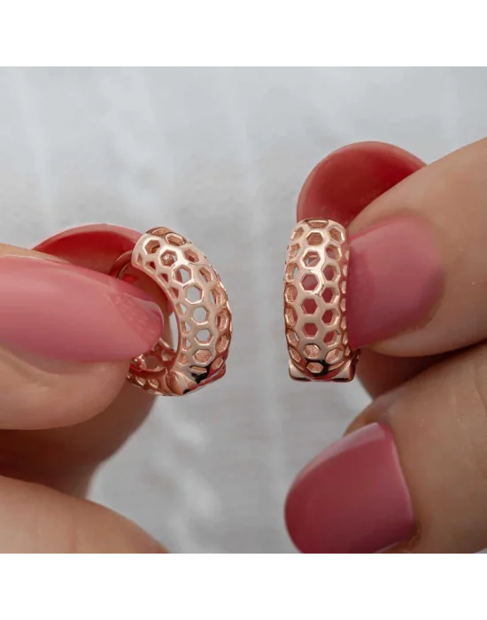 Gümüş Rose Petek Desenli Halka Kadın Küpe