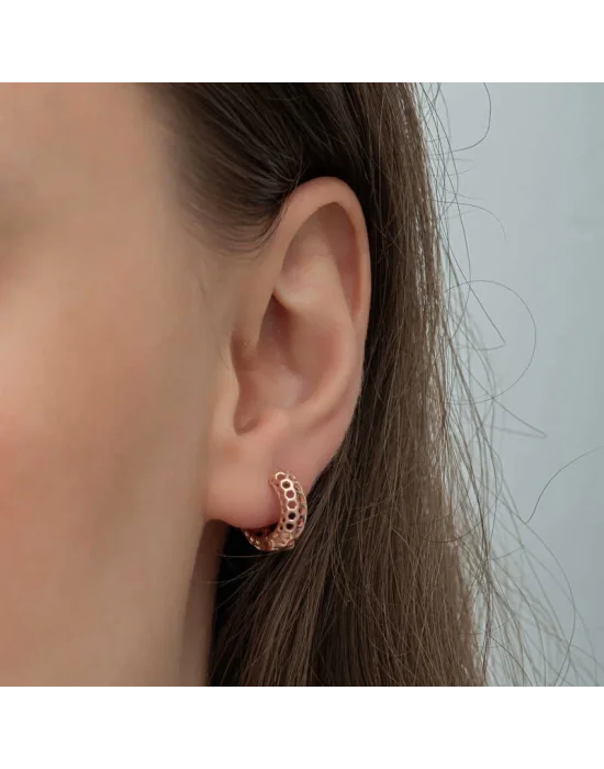 Gümüş Rose Petek Desenli Halka Kadın Küpe