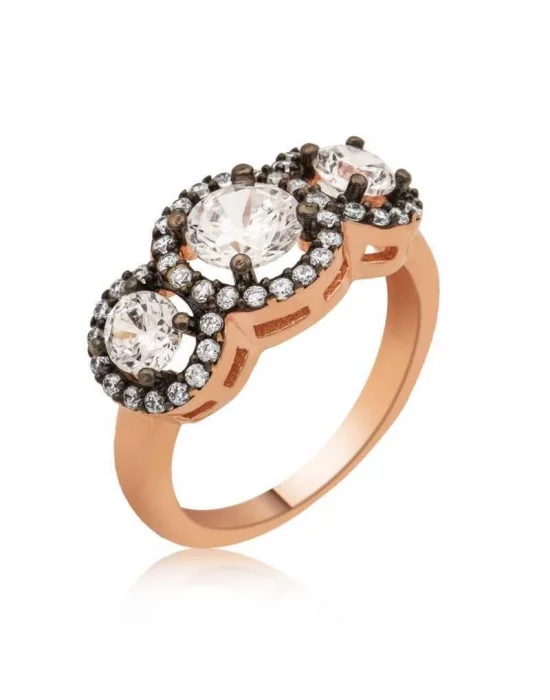 Gümüş Rose Pırlanta Montür 3 Taş Tria Bayan Yüzük