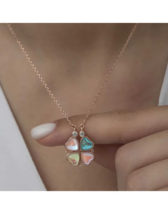 Gümüş Rose Renkli Açılabilen Yonca Kadın Kolye