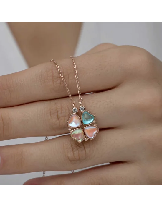 Gümüş Rose Renkli Açılabilen Yonca Kadın Kolye