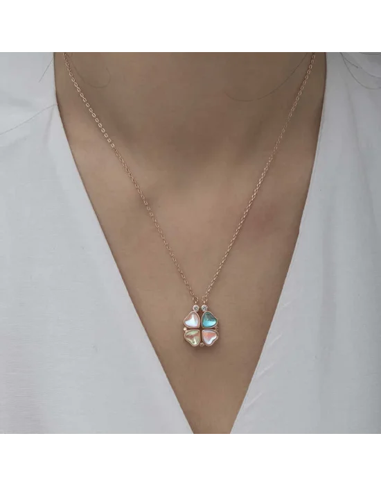 Gümüş Rose Renkli Açılabilen Yonca Kadın Kolye