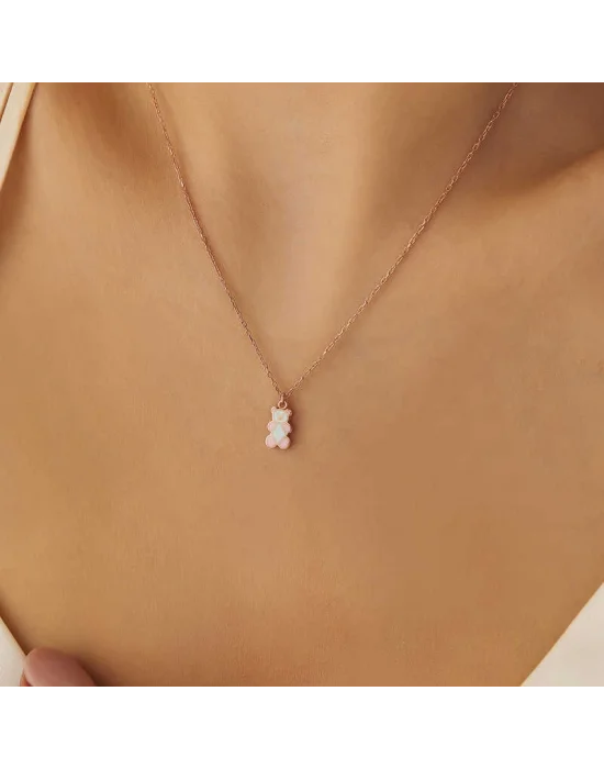 Gümüş Rose Renkli Ayıcık Kadın Kolye