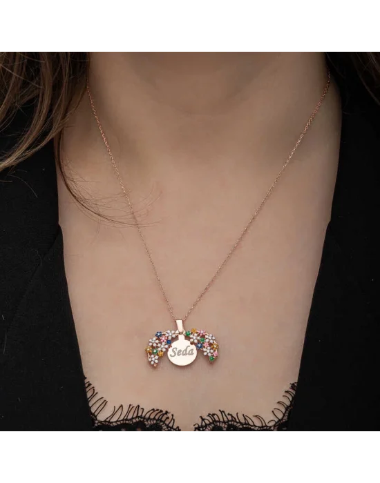 Gümüş Rose Renkli Çiçek Kişiye Özel Kadın Kolye